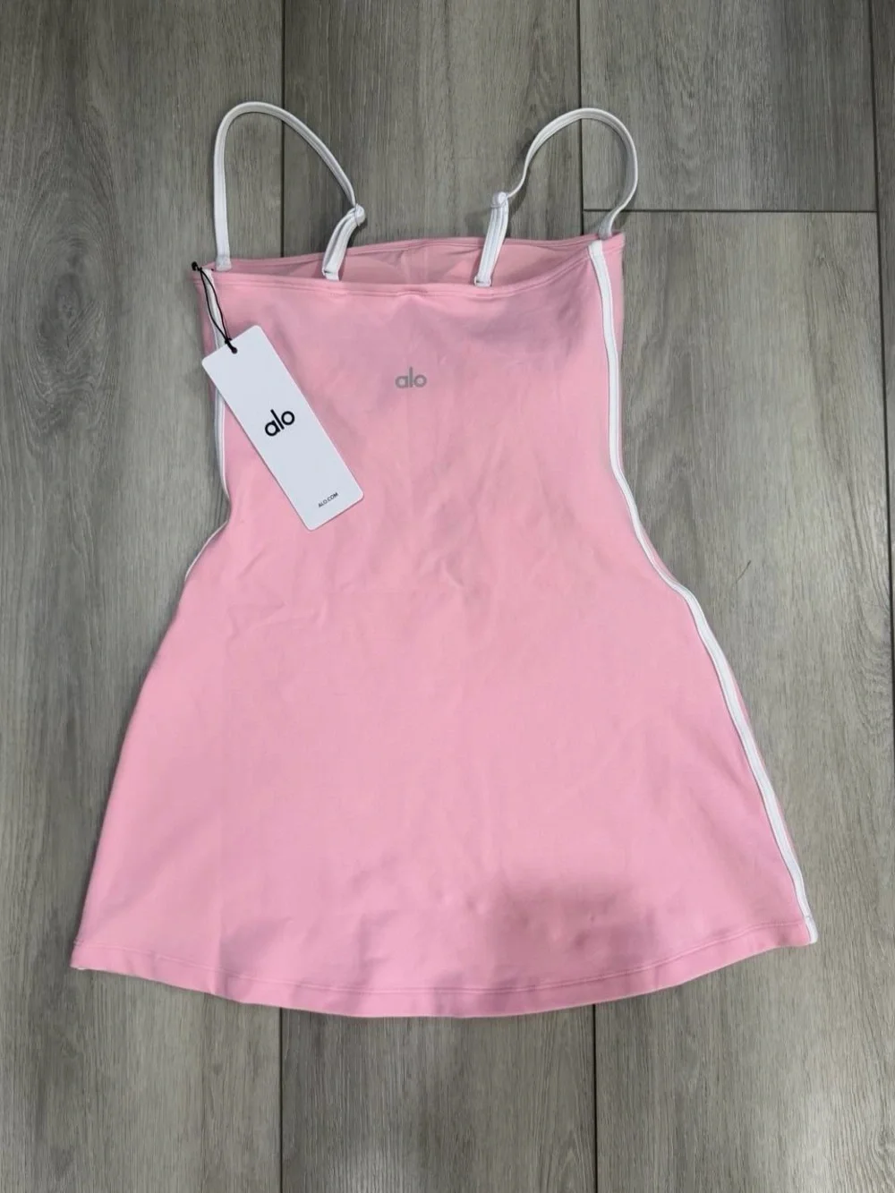 ALO Airbrush Streamlined Mini Dress in Pink Marshmallow with Contrast White Trim